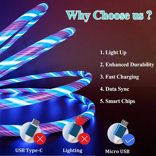 Miniatura 2 de Cable de carga micro USB, cable de carga brillante con luz LED de 6.6 pies, cable de carga rápida para Samsung Galaxy S7 S6 S5, Note 5, Kindle