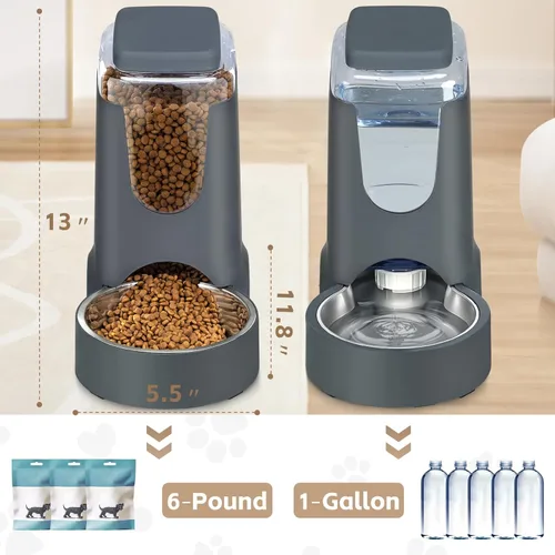 Miniatura 2 de Comedero y dispensador de agua automático para gatos con cuenco de acero inoxidable, comedero por gravedad para perros y bebedero para mascotas Gris