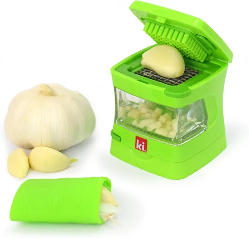 Prensa de Ajo Garlic-A-Peel, Trituradora, Cortadora, Picadora y Envase de Almacenamiento - Incluye Pelador de Ajo de Silicona - Fácil de Limpiar -