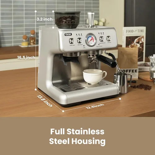 Miniatura 4 de Gevi Máquina de café expreso de doble caldera con molinillo incorporado, portafiltro comercial de 2.283 in, varita de vapor barista, 31 ajustes