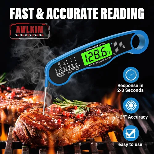 Miniatura 2 de Termómetro de carne de lectura instantánea rápida con luz de fondo, sonda digital impermeable para alimentos, para asar a la parrilla, cocinar, Azul