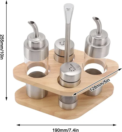 Miniatura 5 de Cyrank Juego de salero y pimienta, dispensador de aceite de oliva y vinagre con soporte de madera, dispensador de especias de vidrio para el hogar