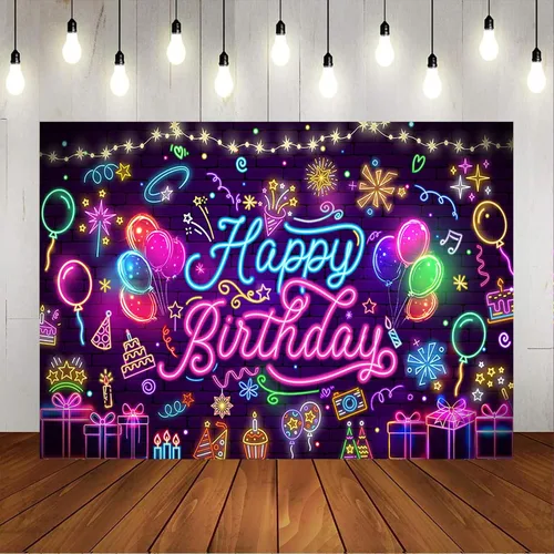 Miniatura 4 de Mocsicka Neon Happy Birthday Banner Backdrop Glow in The Dark Graffiti Party Backdrop Decorations for Kids Adults Mustic Let's Glow Birthday