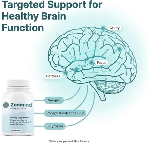 Miniatura 3 de Zoomind - Suplementos cerebrales para concentración y claridad, salud cerebral con omega-3, fosfatidilserina (PS) y L-tirosina. Apoya la función