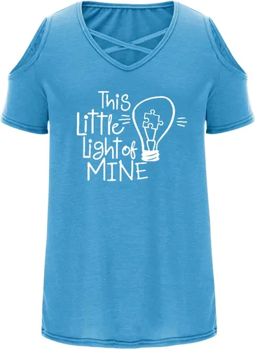 Miniatura 4 de Iuhan Short Sleeve Graphic Shirts Tee Women Tops Fashion Loose Trendy Light Bulb Letter Print Cold Shoulder V Neck Blouse