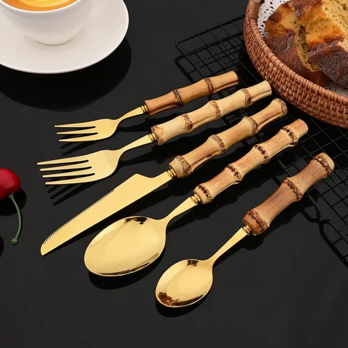 Miniatura 7 de JASHII Juego de cubiertos dorados de acero inoxidable 304, juego de cubiertos de 16 piezas con mango de bambú, servicio para 2, con 1 cuchara
