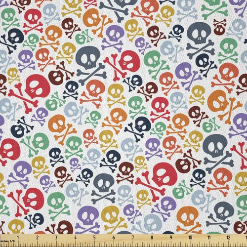 Miniatura 125 de Ambesonne The Yard, tela de calavera colorida con temática de Halloween, diseño de calavera y huesos cruzados, divertido estampado de dibujos