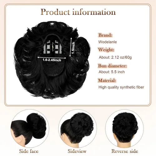 Miniatura 2 de Extensiones de cabello ondulado con clip de garra, moño desordenado, moño desordenado, sintético, recogido, coletero, para mujer, color negro oscuro