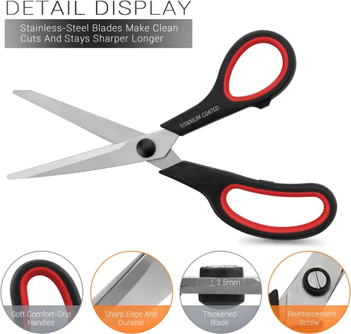 Miniatura 3 de Tijeras multiusos de 8 pulgadas para diestros y zurdos con revestimiento de titanio, tijeras afiladas resistentes para estudiantes de oficina