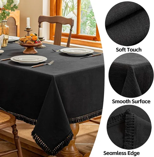 Miniatura 2 de AmHoo - Mantel de lino con borlas y bordado rectangular decorativo para mesa natural para cocina, comedor, buffet de boda, 55 x 55 pulgadas, negro