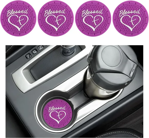 Miniatura 8 de Augeny 2PCS Posavasos para Portavasos de Coche, Posavasos de Inserción de PVC Antideslizantes, 2.76 Pulgadas Cruz Bendecida y Corazón Cristiano
