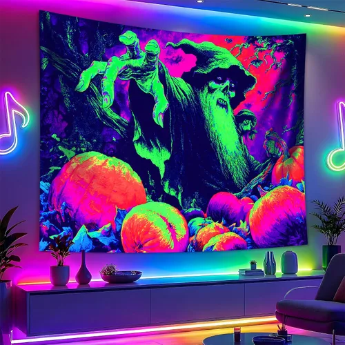 Miniatura 14 de BVBOX Tapiz de Halloween con luz negra, reactivo a los rayos UV que brilla en la oscuridad, póster de tapiz trippy con luz negra para sala de estar