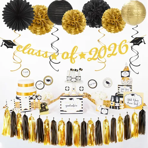 Miniatura 4 de Guirnalda de decoración de fiesta de graduación de oro negro – 36 piezas de pancarta de felicitaciones de graduación 2026, serpentinas colgantes