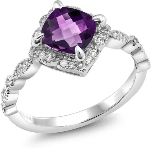 Miniatura 40 de Gem Stone King Anillo de compromiso solitario de moissanita blanca con piedra natal de corte cojín de 0.276 in para mujer, plata de ley 925