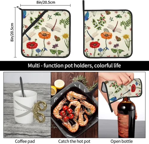 Miniatura 6 de Juego de 2 soportes para ollas de libélula de primavera con diseño de hojas de helecho botánico para cocina, decorativas, resistentes al calor