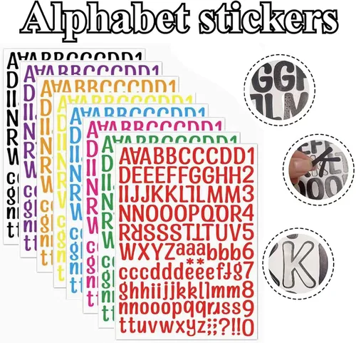 Miniatura 6 de 8 hojas de calcomanías de letras, 1008 calcomanías del alfabeto, letras autoadhesivas de vinilo de 1 pulgada, calcomanías de alfabetos negros ABC