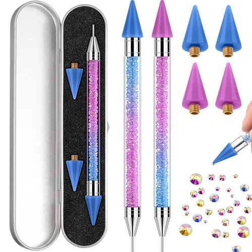Miniatura 6 de 2 piezas de lápiz de cera con punta de diamante de imitación y pluma de punteado, selector de gemas de diamante de imitación de doble punta, lápiz