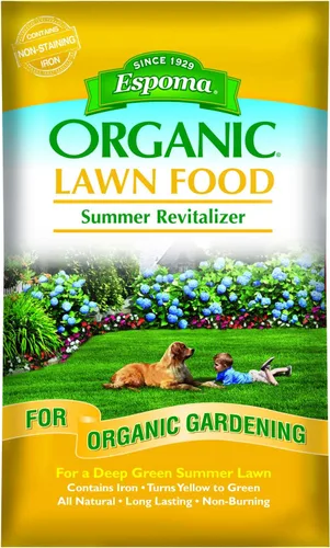 Espoma Comida orgánica para césped Revitalizer de verano 8-0-0 Fertilizante natural y orgánico para todos los céspedes; proporciona hierro y