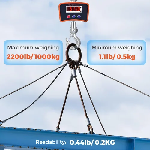 Miniatura 2 de Bonvoisin Báscula de grúa de 2200 lbs/1000 kg, báscula colgante digital legibilidad 0.44 lbs/0.2kg, báscula de gancho recargable para granja