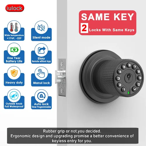 Miniatura 3 de iulock Pomo de puerta inteligente con teclado y llave, cerradura de puerta de entrada sin llave con agarre de goma, bloqueo automático, 50 códigos