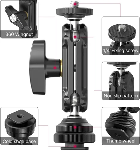 Miniatura 6 de R098 Cold Shoe Monitor Mount, 1/4 "Rotable Dual Ballhead Hot Shoe Mount Micrófono Luz de relleno Monitor de cámara Soporte giratorio Compatible