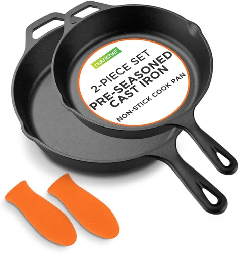 Miniatura 9 de NutriChef 3 piezas de sartenes de hierro fundido - Utensilios de cocina de hierro fundido pre-sazonados con caño de goteo, mangos de silicona