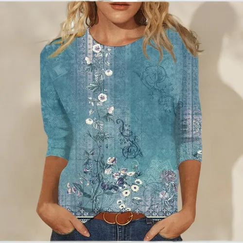 Miniatura 102 de Camisetas de manga 3/4 para mujer, cuello redondo, holgadas, casuales, con estampado floral, camisetas de moda para el trabajo de negocios