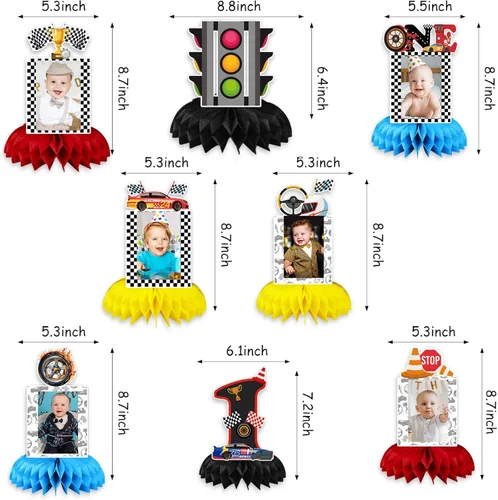 Miniatura 4 de Suministros de Fiesta de Cumpleaños de Coche de Carreras de 1 Año, Decoraciones de Cumpleaños Rápidas Centro de Mesa con Diseño de Panal de Abeja