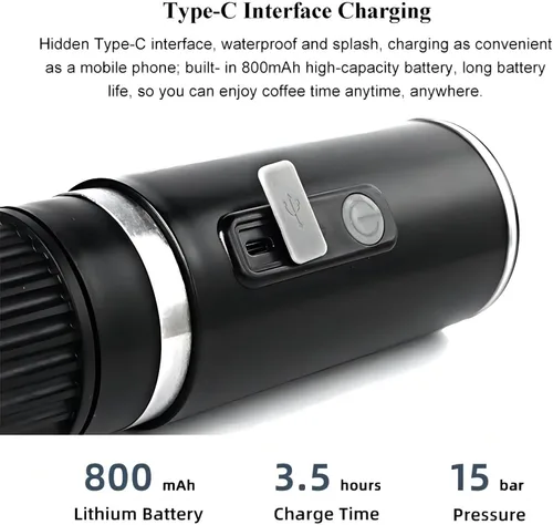 Miniatura 5 de Cafetera eléctrica automática de 800 mAh Cafetera portátil de viaje y campamento Cargador de coche USB C Funciona con café molido y cápsulas