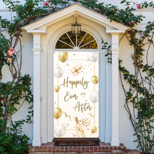Miniatura 5 de INNORU Decoración de pancarta de puerta con texto en inglés "Happily Ever After", decoración de cubierta de puerta de fiesta de boda, letrero