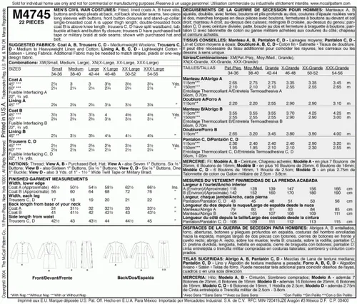 Miniatura 2 de McCall's Costumes M4745, patrón de costura para disfraz de la guerra civil para hombre, XLG-XXL-XXXL