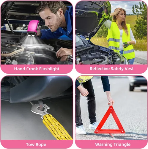Miniatura 6 de Kit de emergencia para vehículos en carretera, kit de primeros auxilios rosa para automóvil con cables de puente, kit de seguridad para coche
