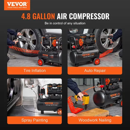 Miniatura 6 de VEVOR Compresor de aire de 4.8 galones, compresor de aire sin aceite de 1.2HP 2.2 CFM@90PSI, tanque de compresor y presión máxima de 116PSI