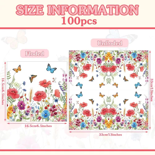 Miniatura 3 de Patelai 100 servilletas de papel floral, 2 capas de flores silvestres y mariposas decorativas desechables para bodas, cumpleaños, fiestas de té