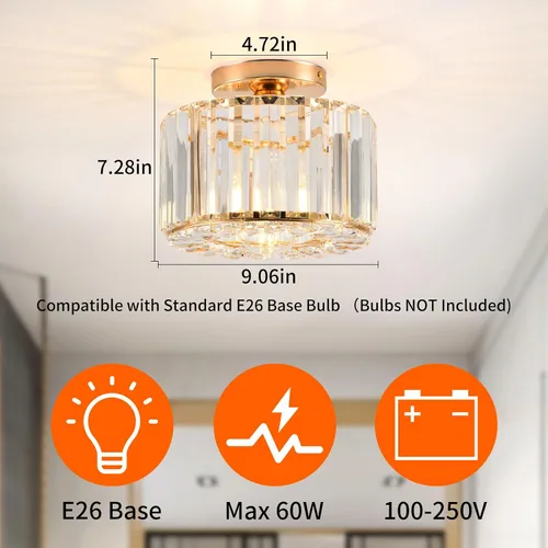 Miniatura 4 de Lámpara de techo de cristal, lámpara de techo semiempotrada de cristal dorado para dormitorio, cocina, pasillo, entrada, balcón, comedor, sala