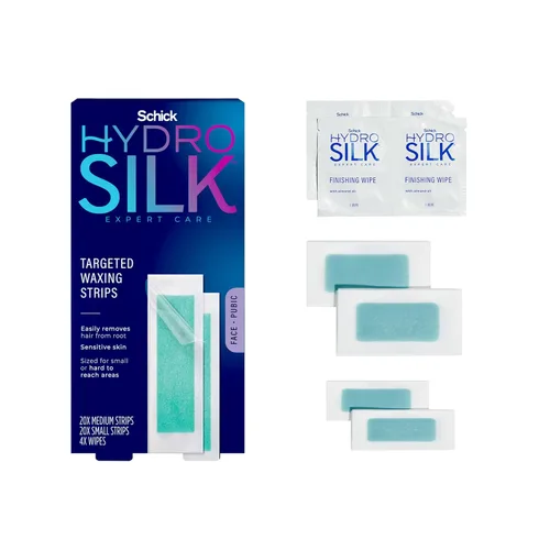 Schick Hydro Silk - Tiras de cera específicas | Tiras de cera suave para cuerpo + depilación púbica, tira de depilación de cejas y labios, kit de