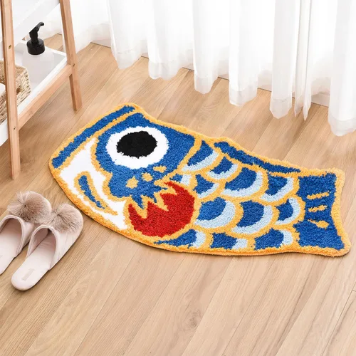 Miniatura 9 de Bonita alfombra de baño con diseño de pez, suave, antideslizante, estilo japonés, con bandera de Koi, alfombra para ducha, tapete