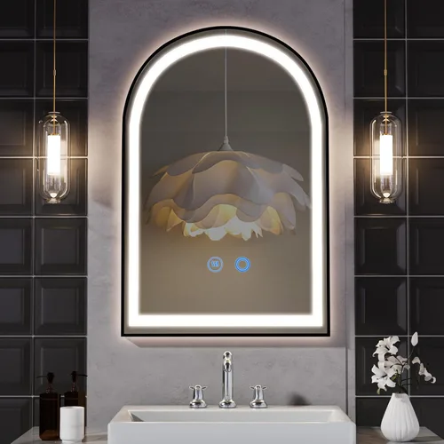Espejo de baño LED de 24 x 36 pulgadas con luces, espejo LED arqueado negro para baño, iluminado, antivaho, regulable ajustable, 3 colores,