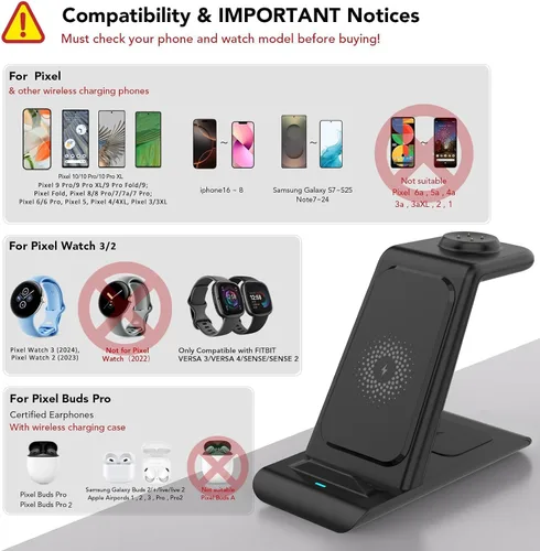 Miniatura 2 de Estación de carga inalámbrica 3 en 1 para cargador Google Pixel Watch 3/2, 10/10 Pro/10 Pro XL/9/9 Pro/9 Pro XL/8/7, Buds Pro 2, estación de carga