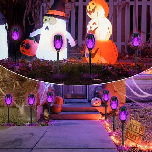 Miniatura 6 de IkeeRuic Decoraciones de Halloween al aire libre, luces solares de Halloween moradas con llama parpadeante, luces solares para decoración de patio
