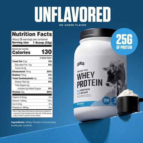 Miniatura 3 de Polvo de proteína de suero alimentado con pasto Levels, sin artificiales, 25G de proteína, sin sabor, 2LB