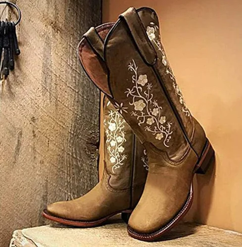 Miniatura 2 de SO SIMPOK Botas vaqueras retro occidentales para mujer, con diseño de mariposas bordadas de media pantorrilla, botas de tacón grueso