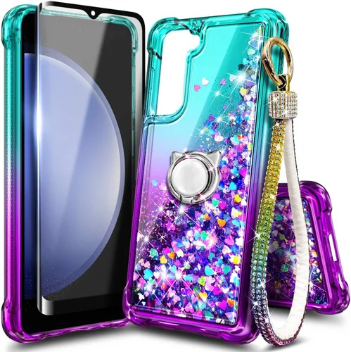Funda compatible con Samsung Galaxy S24-FE Aqua/Purple | Funda líquida flotante con purpurina linda con protector de pantalla de vidrio templado,