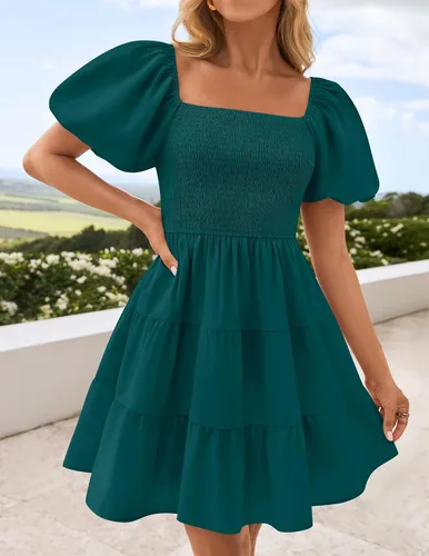 Miniatura 8 de ZESICA Mini vestido corto de verano bohemio 2026 con cuello cuadrado, manga abombada, hombros descubiertos, fruncido, escalonado, casual