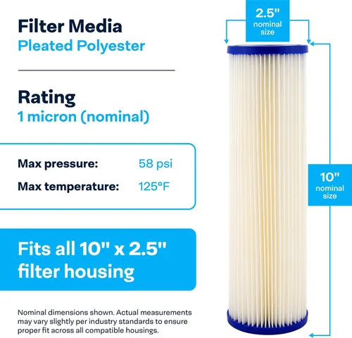 Miniatura 3 de SpiroPure SP-R1 10x2.5 Cartucho de filtro de agua de sedimento de poliéster plisado de 1 micrón SPC-25-1001 (caja de 24)