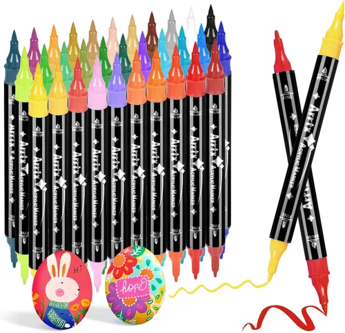 Marcadores de pintura acrílica Arrtx, 32 colores, punta de pincel y punta fina (doble punta) para pintura en roca, suministros de pintura acrílica a