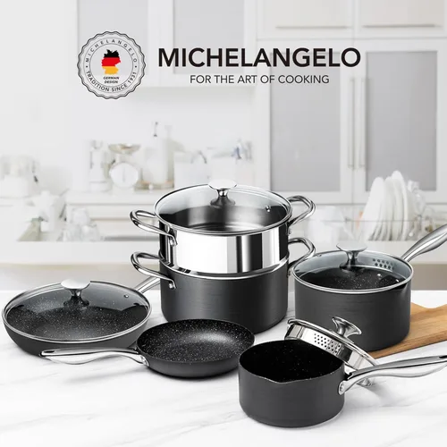 Miniatura 7 de MICHELANGELO Juego de utensilios de cocina anodizados duros, juego de 10 ollas y sartenes antiadherentes con interior de granito, juego