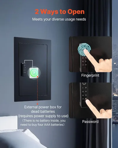 Miniatura 4 de VEVOR Caja fuerte de pared oculta de 3 niveles con huella digital, contraseña, llave y perilla giratoria, Q235 caja de pared de acero laminado
