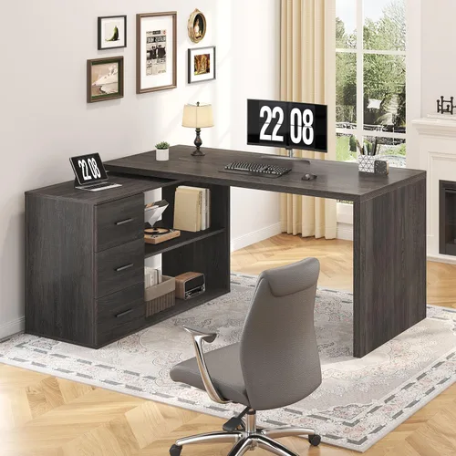 Miniatura 9 de HSH - Escritorio negro en forma de L con cajones y estantes, escritorio giratorio de 360 grados para oficina en casa, escritorio de esquina