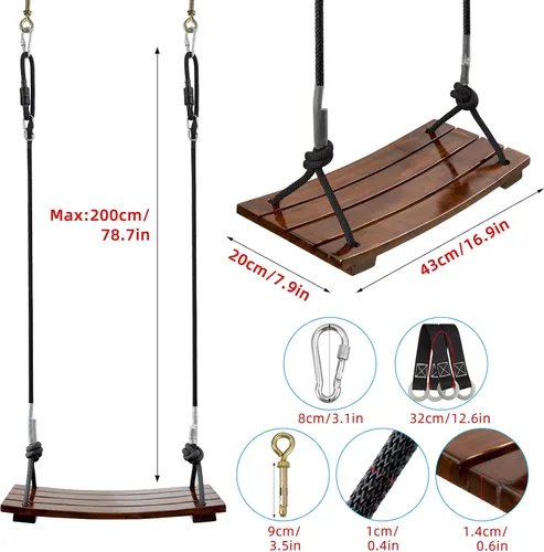 Miniatura 4 de Pellor Asiento de columpio de madera, para interiores y exteriores, juego de columpio de madera para niños, adultos y niños (chocolate)